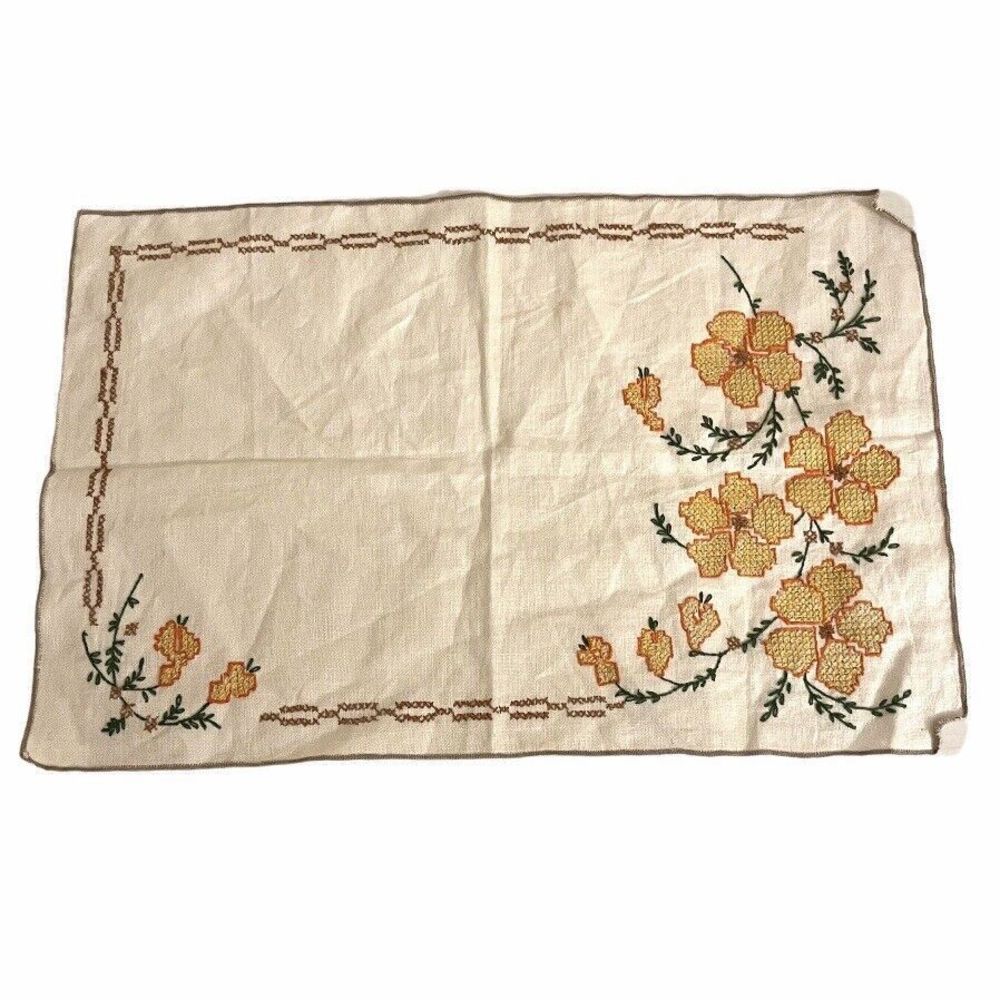 Vintage Hankie Handkerchief Embroidered‎ with Yellow Flowers